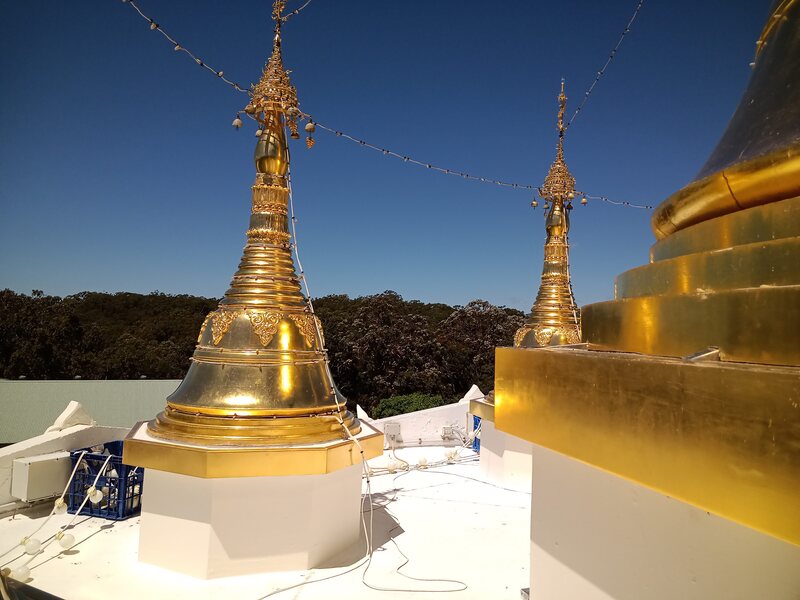 Exterior archetrave, doors and parapets newly painted on a pagoda, located at Sunshine, NSW. 